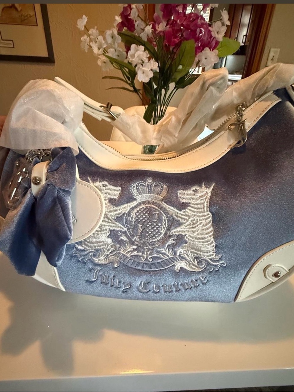 Juicy Couture UK Blue Velvet Crest Shoulder Bag with White Trim